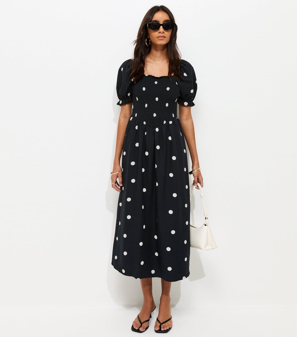 New Look Women's Black Polka Dot Shirred Midi Dress New Look