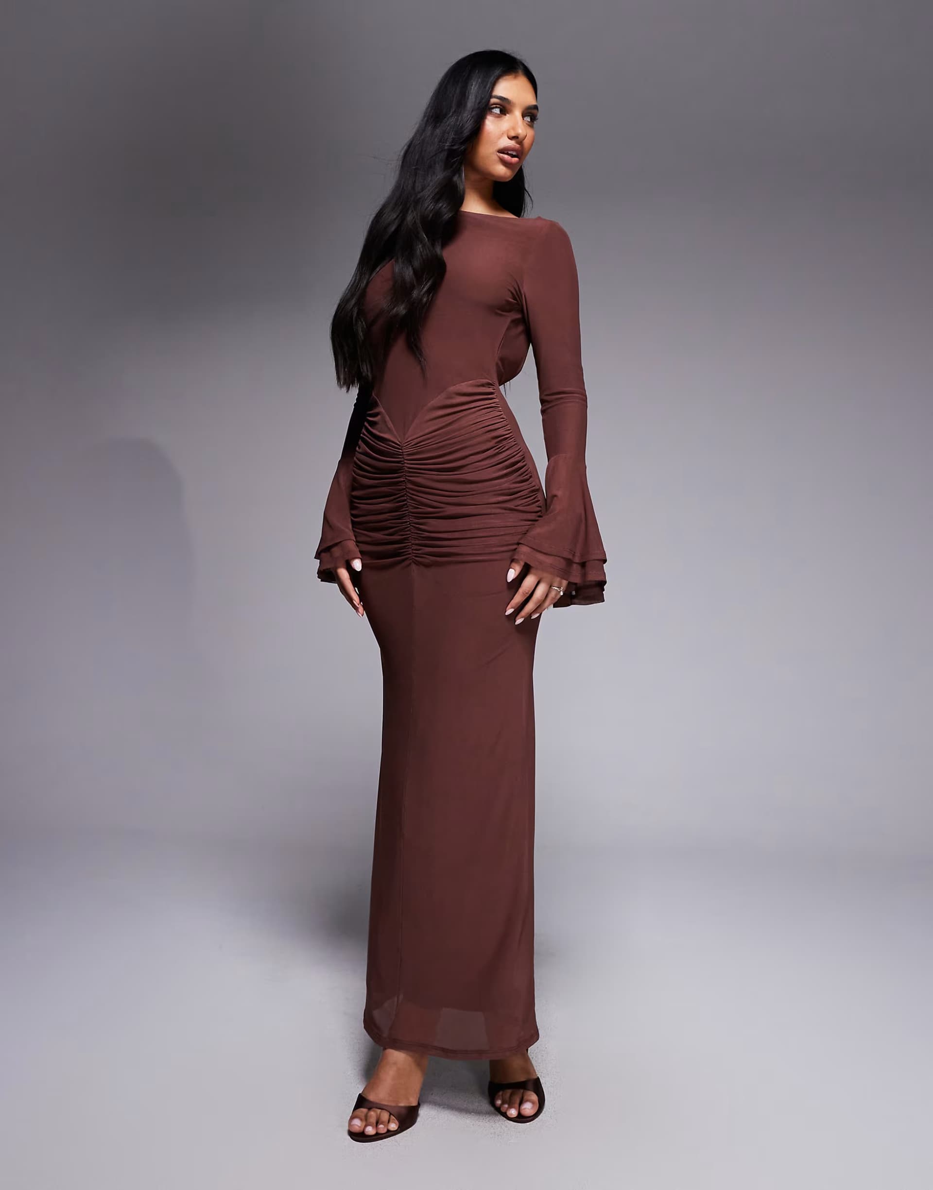 ASOS ASOS DESIGN mesh flute sleeve maxi with plunge back detail dress in chocolate
