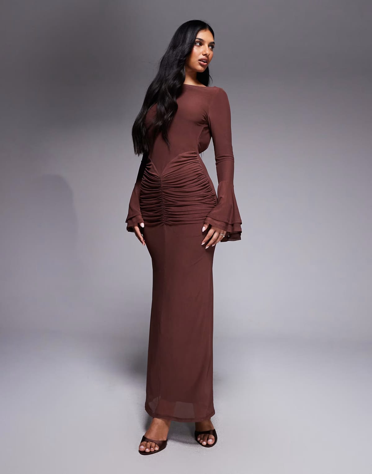 ASOS ASOS DESIGN mesh flute sleeve maxi with plunge back detail dress in chocolate - 1