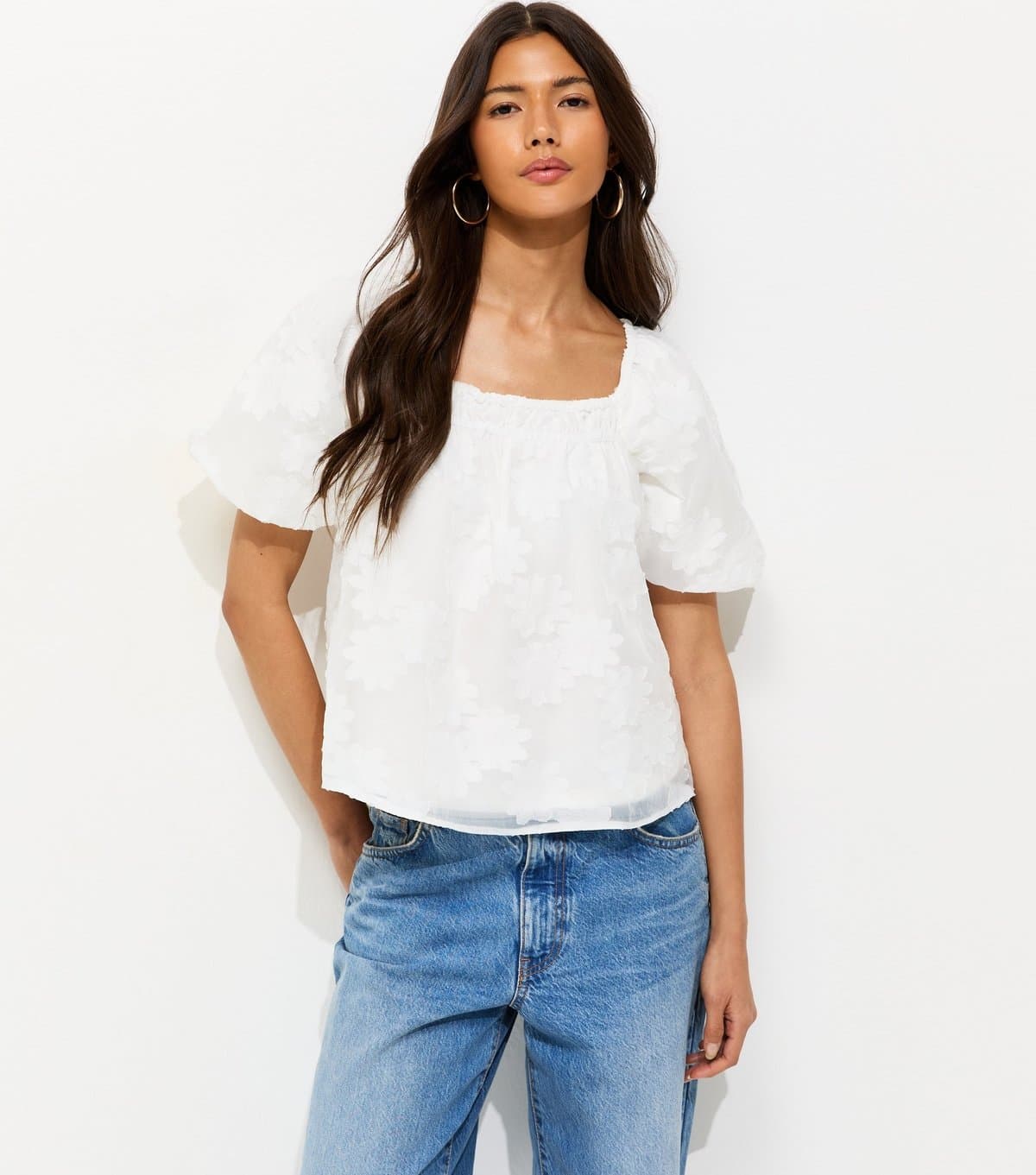 New Look Women's White Daisy Puff Sleeve Blouse New Look