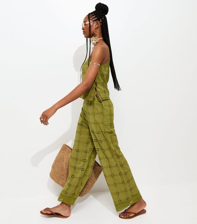 New Look Women's Green Cutwork Wide Leg Trousers New Look - 2