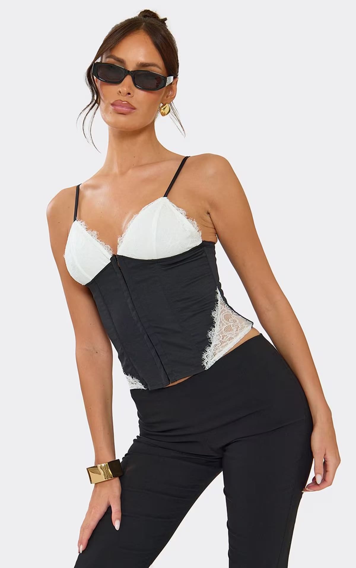 EGO Strappy Contrast Lace Bust Lace Up Back Corset Top In Black