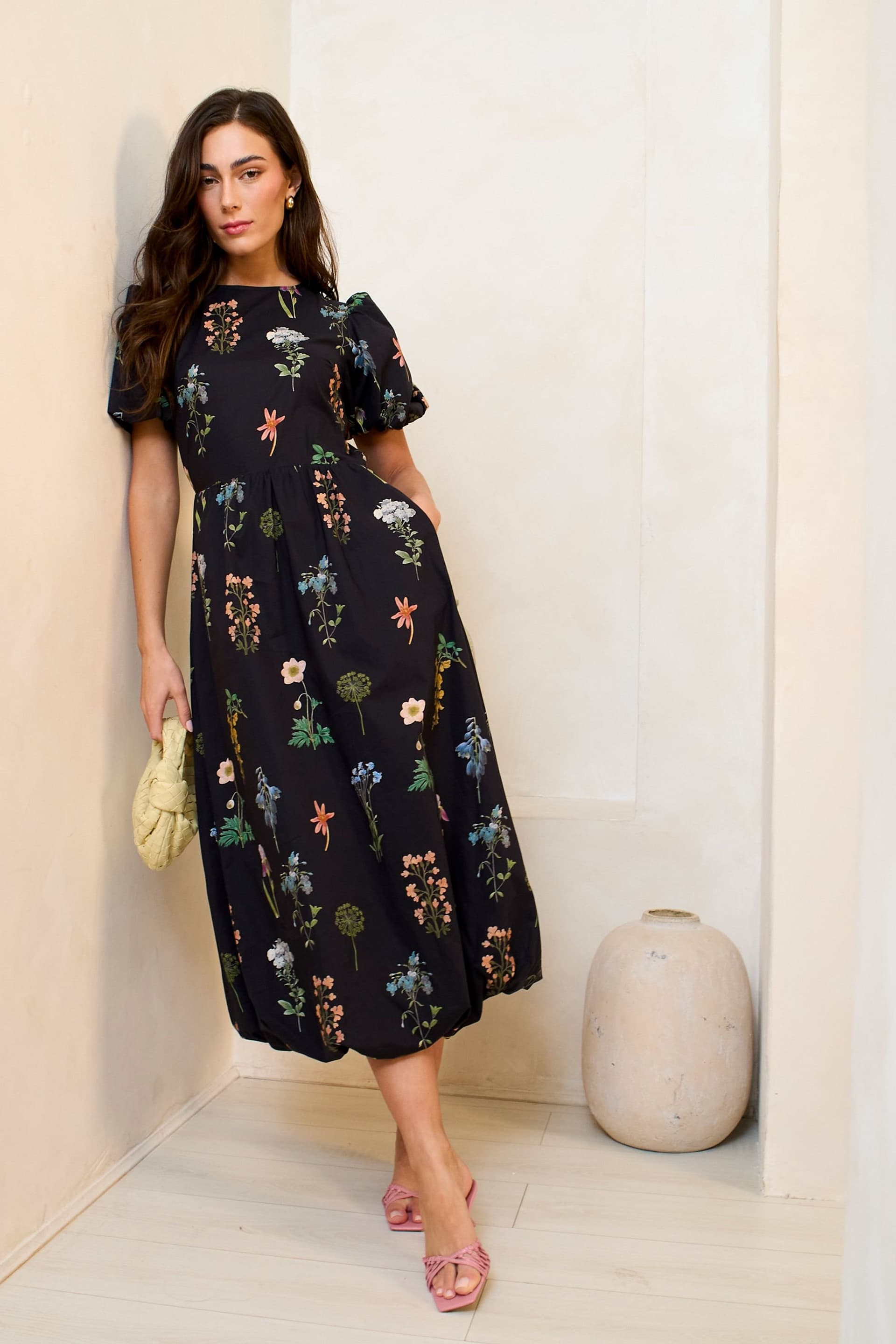 Gini London Gini London Women's Navy Cotton Floral Print Puff Ball Midi Dress