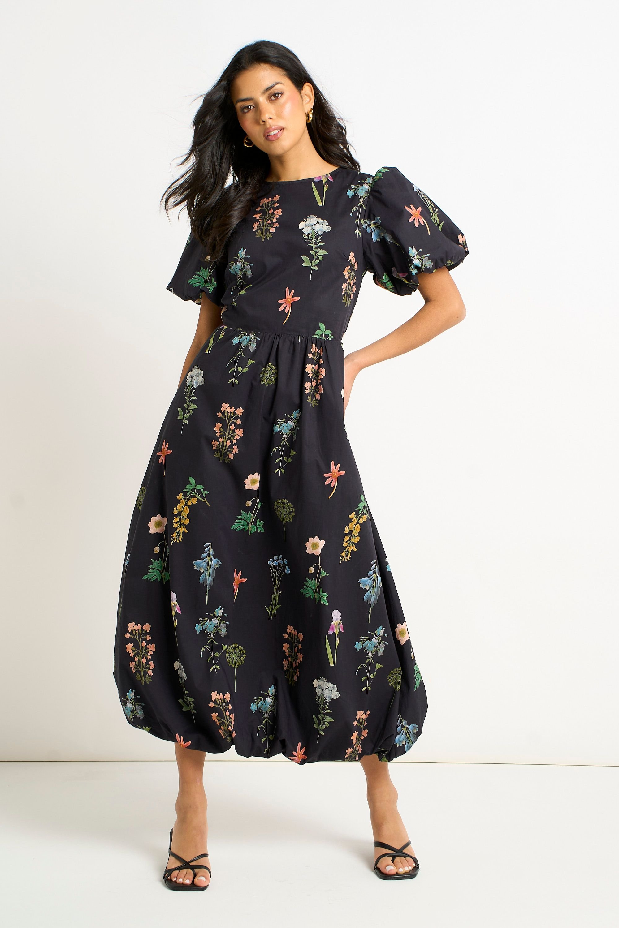 Gini London Gini London Women's Navy Cotton Floral Print Puff Ball Midi Dress - 2