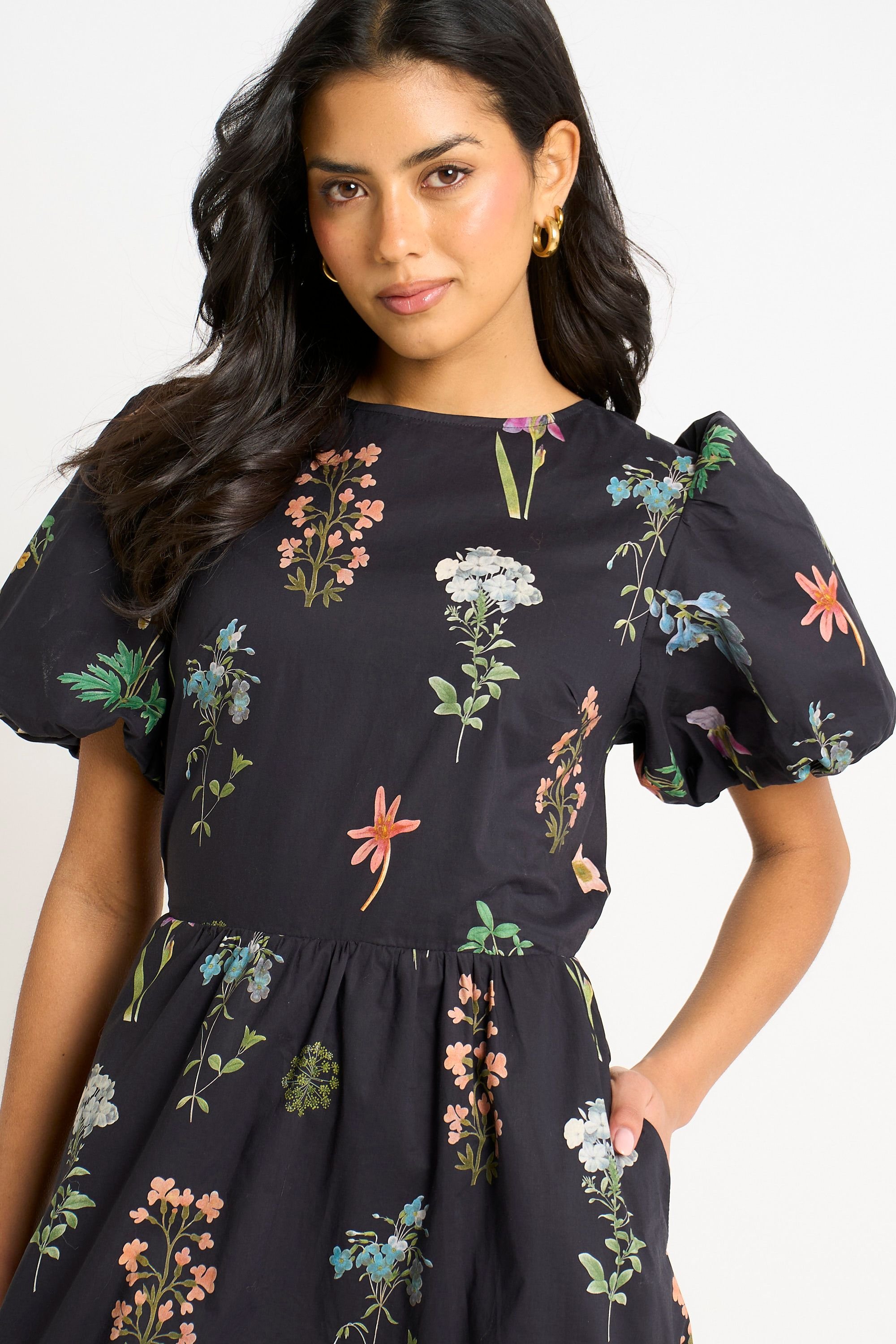 Gini London Gini London Women's Navy Cotton Floral Print Puff Ball Midi Dress - 3