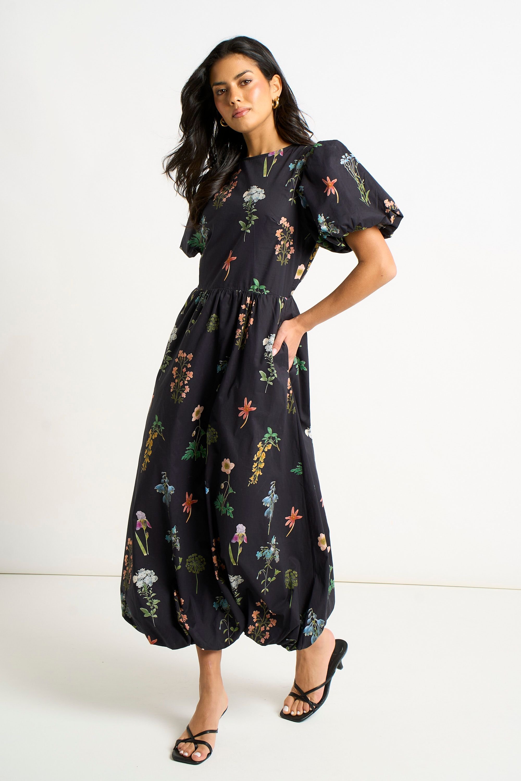 Gini London Gini London Women's Navy Cotton Floral Print Puff Ball Midi Dress - 4