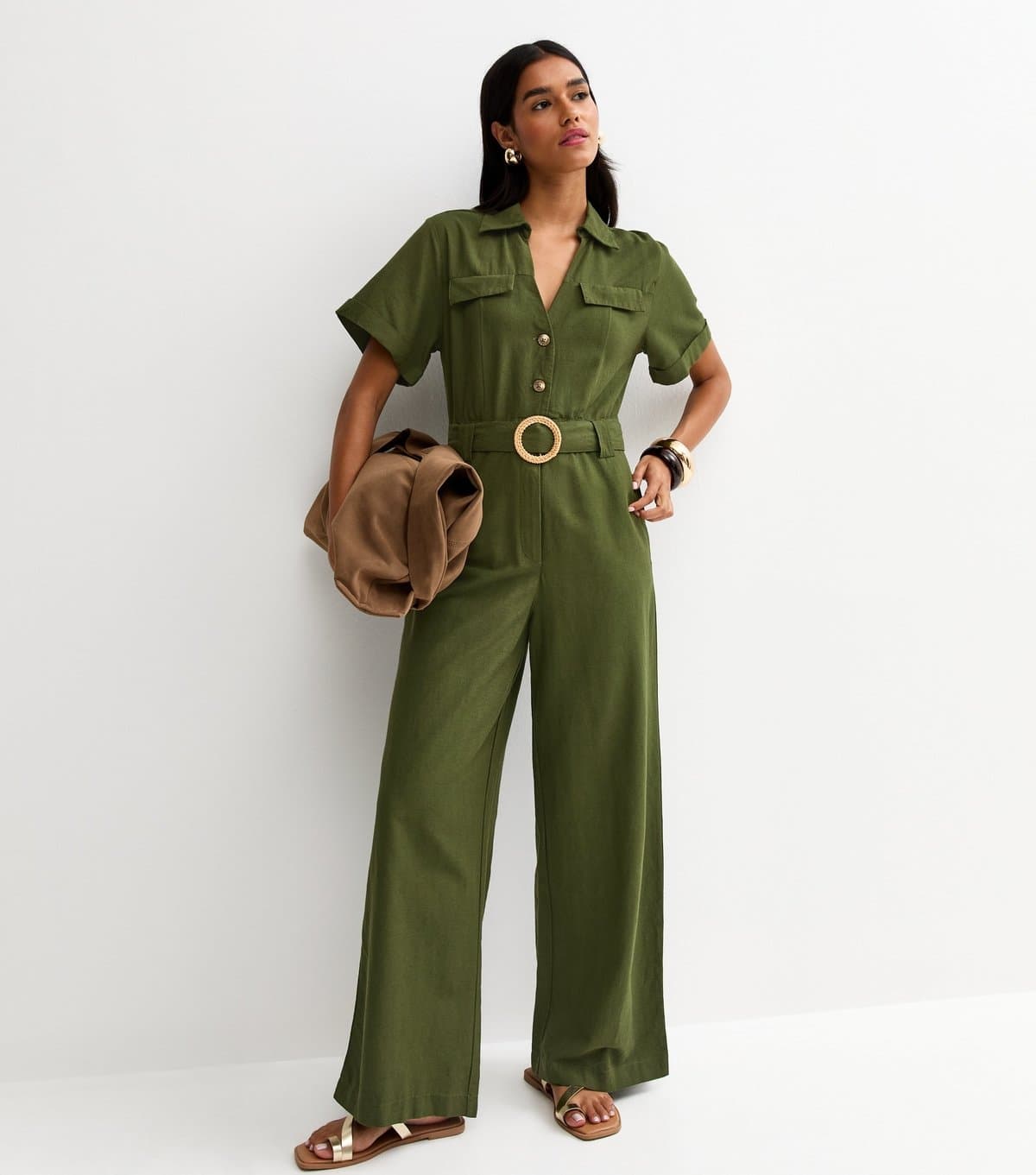 New Look Women's Khaki Short Sleeve Belted Jumpsuit New Look