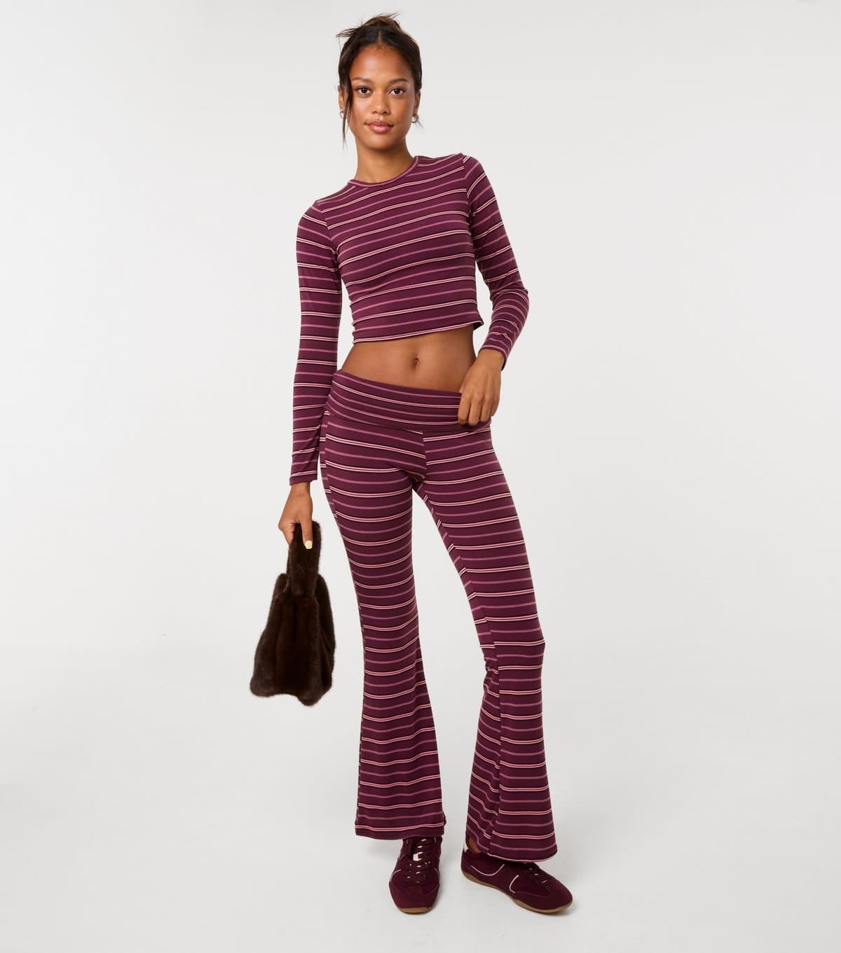 Pink Vanilla Women's Dark Purple Stripes Foldover Waistband Flared Trousers Pink Vanilla New Look