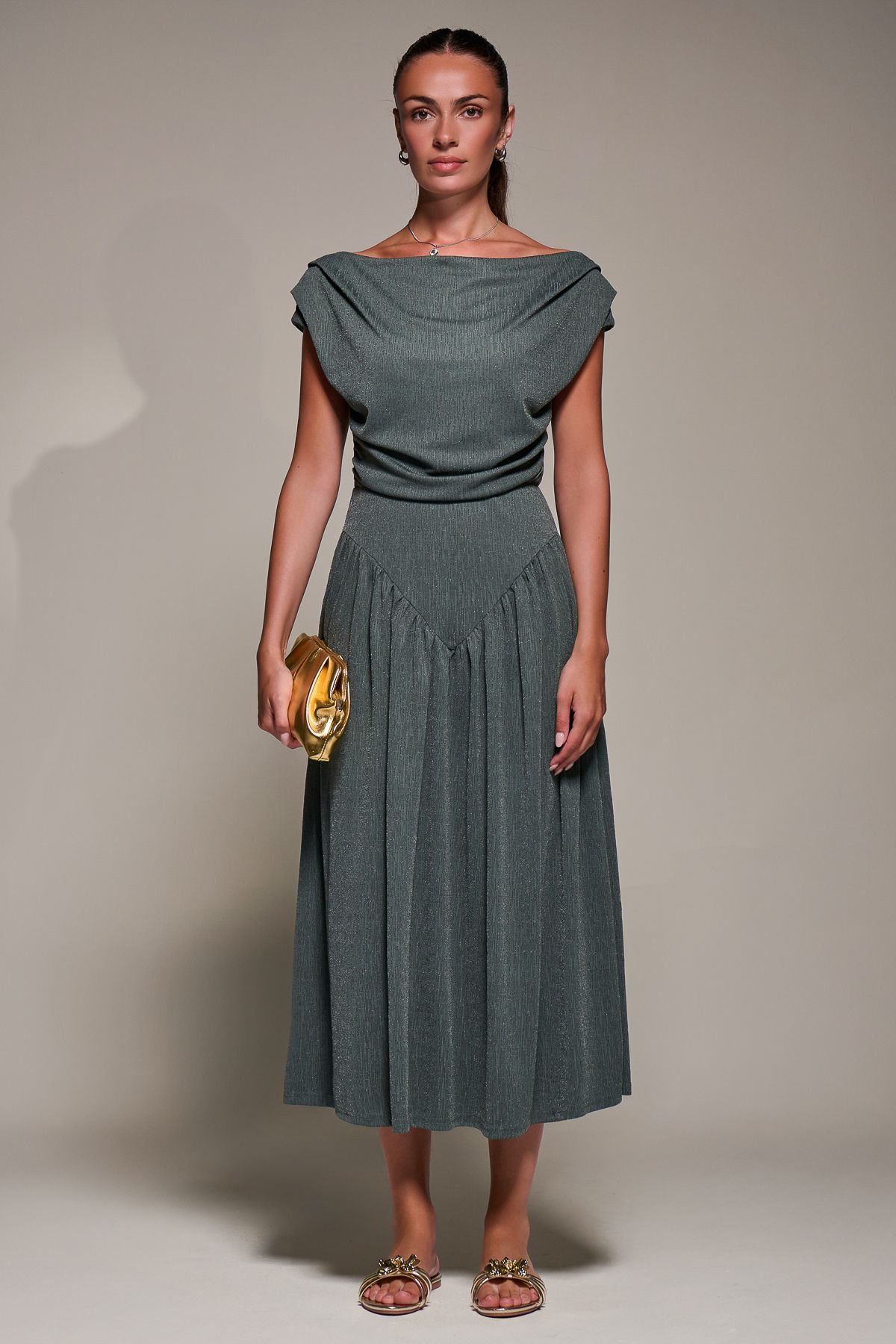 Jolie Moi Jolie Moi Women's Asymmetric Neckline Midaxi Dress in Khaki - 3