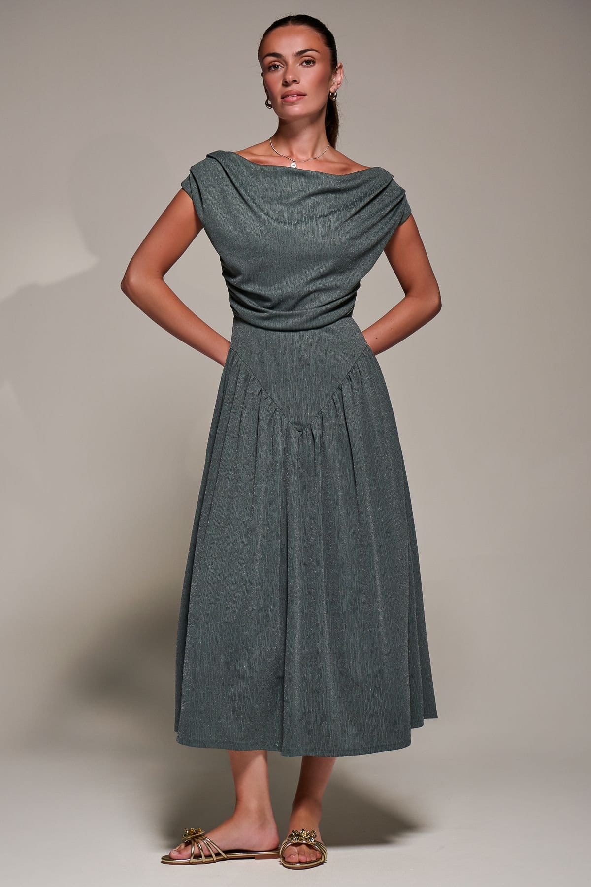 Jolie Moi Jolie Moi Women's Asymmetric Neckline Midaxi Dress in Khaki - 4