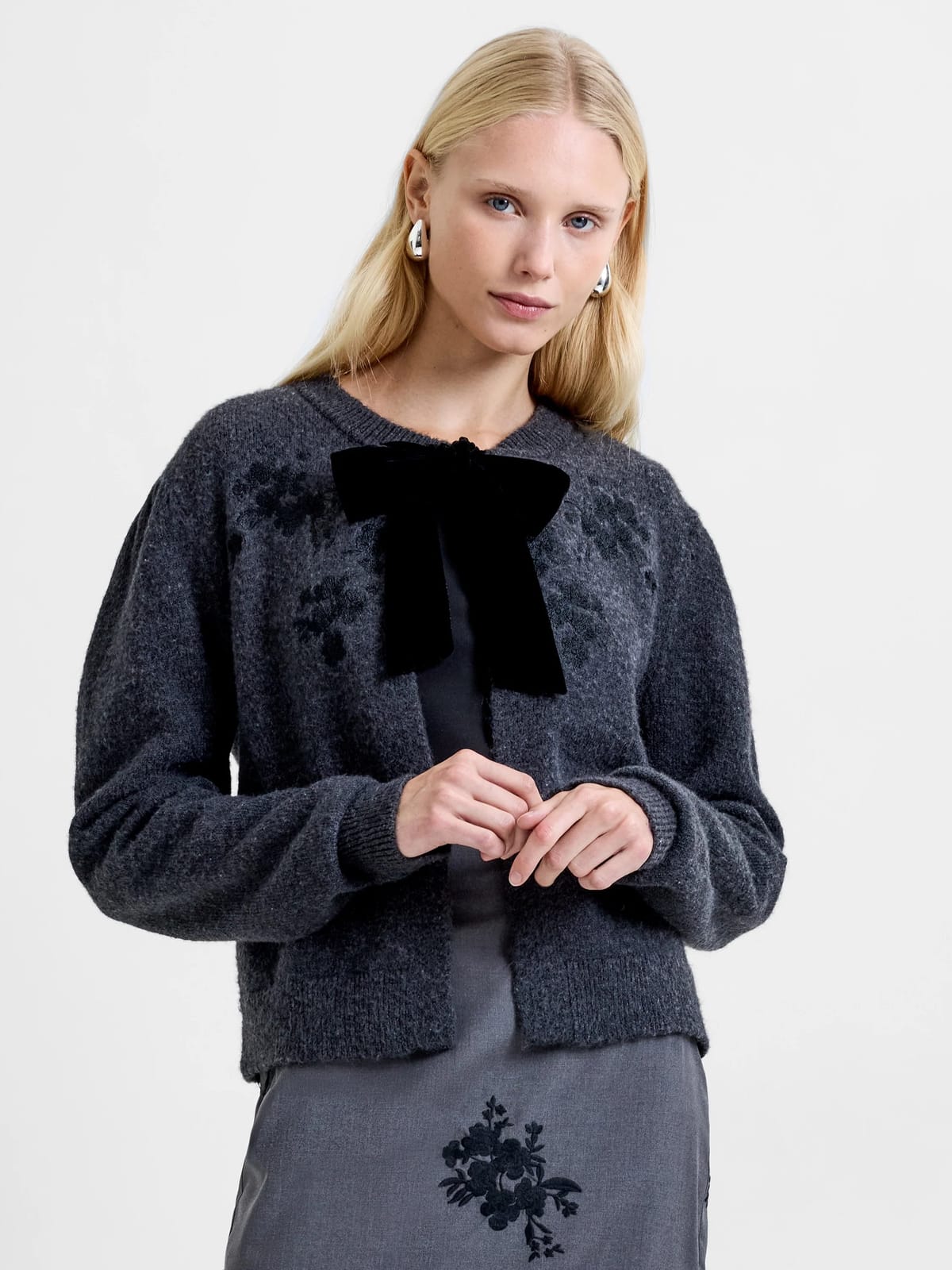 French Connection Irma Front Velvet Bow Cardigan Charcoal Grey Black - 1