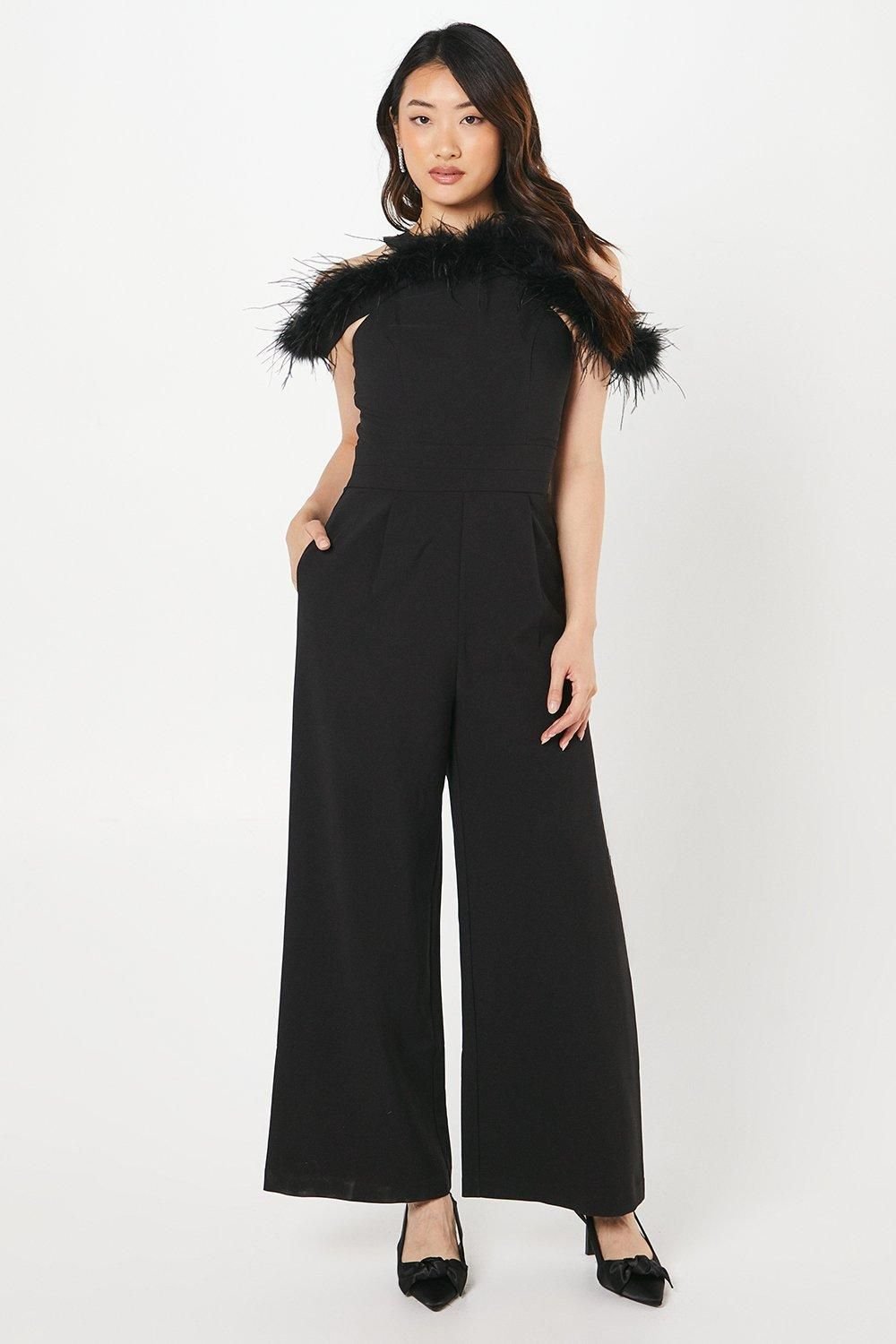 Coast Coast Women's Feather Off-Shoulder Jumpsuit in Black - 2