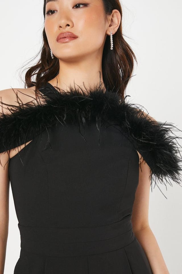 Coast Coast Women's Feather Off-Shoulder Jumpsuit in Black - 2