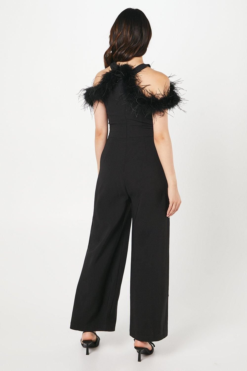 Coast Coast Women's Feather Off-Shoulder Jumpsuit in Black - 3