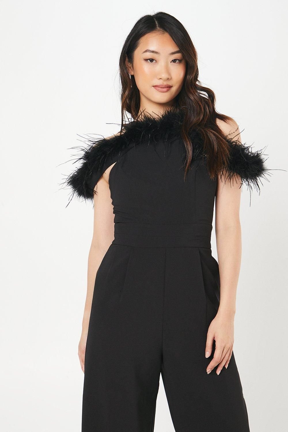 Coast Coast Women's Feather Off-Shoulder Jumpsuit in Black - 4
