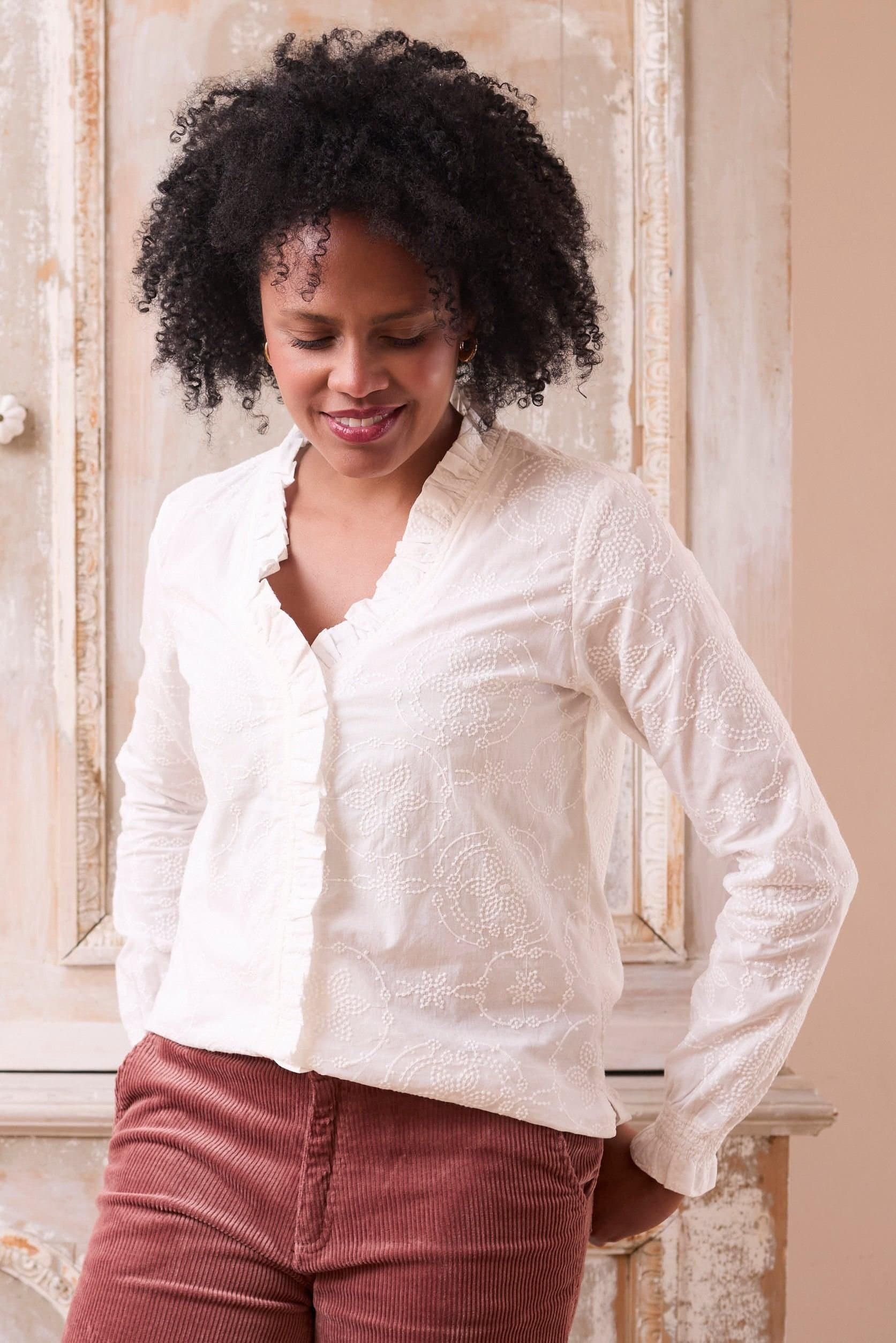 Lily & Me Lily & Me White Embroidered Cotton Blouse with Long Sleeves