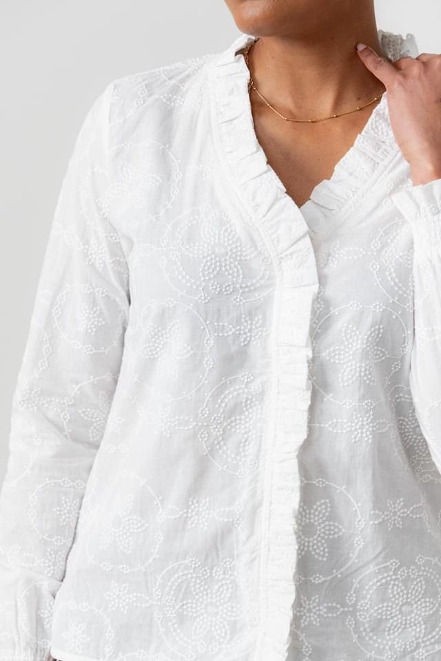 Lily & Me Lily & Me Women's Kit Ruffle Emroidered Cotton Blouse with Long Sleeves in White - 2