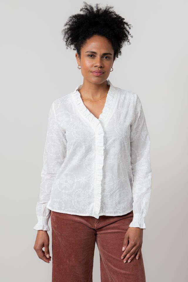 Lily & Me Lily & Me Women's Kit Ruffle Emroidered Cotton Blouse with Long Sleeves in White - 3