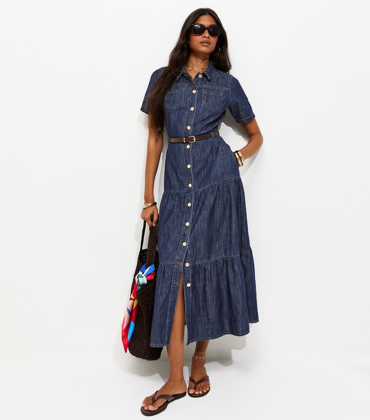 New Look Women's Blue Cotton Short Sleeve Tiered Belted Denim Midi Dress New Look - 3