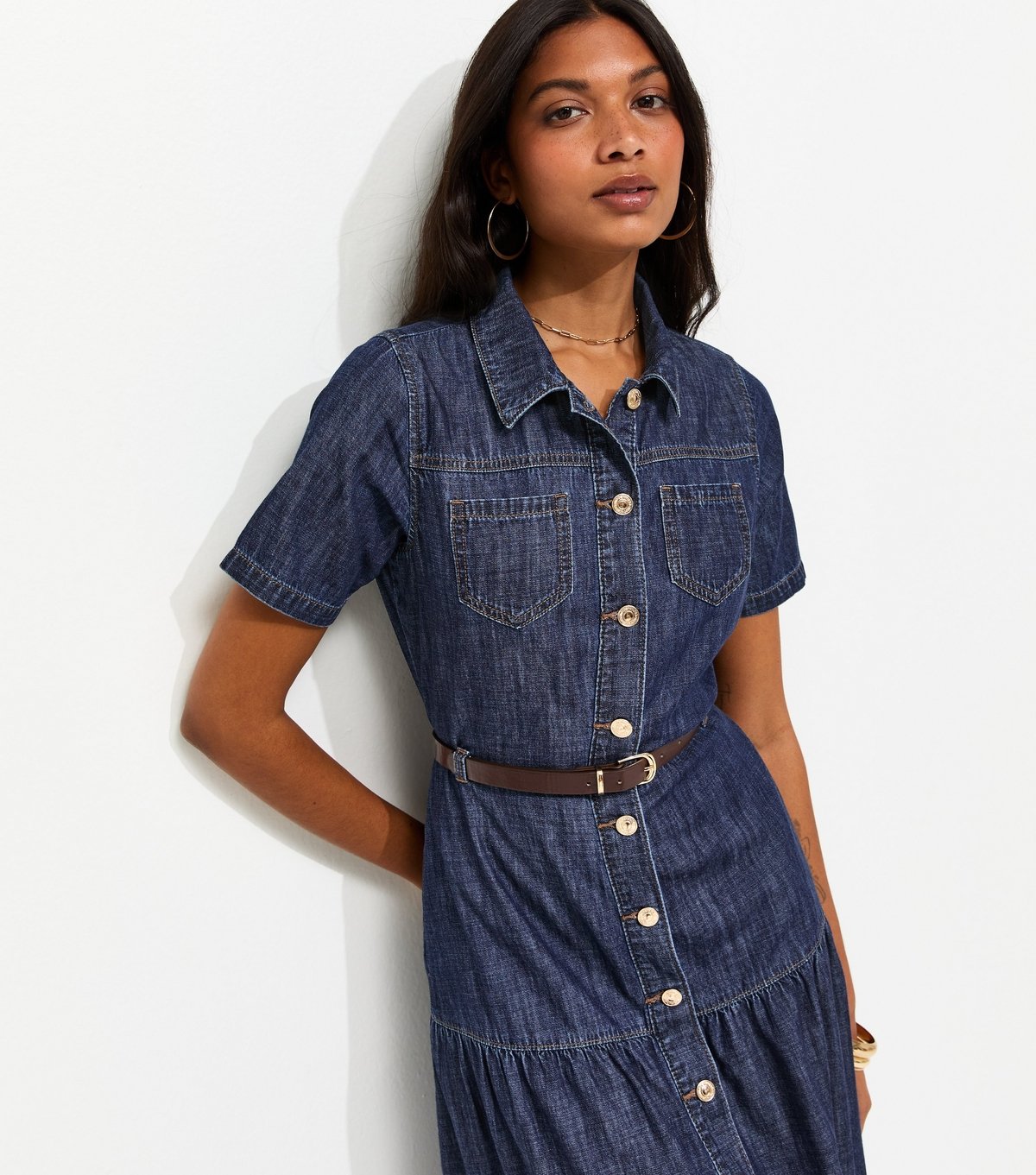 New Look Women's Blue Cotton Short Sleeve Tiered Belted Denim Midi Dress New Look - 4