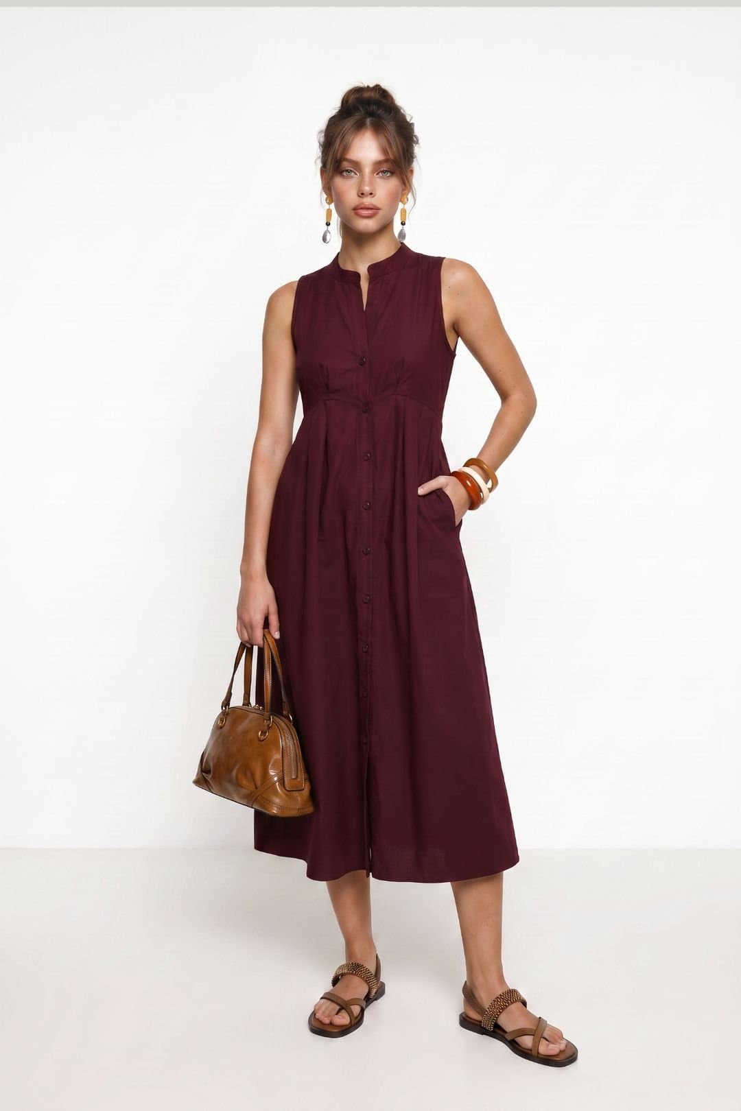 Happiness Istanbul Happiness Istanbul Women's Mandarin Collar Sleeveless A-Line Midi Dress in Burgundy