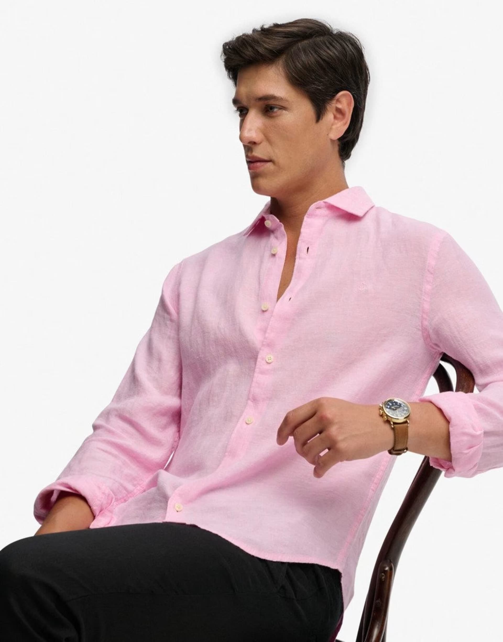 ASOS Superdry Riviera long sleeve linen shirt in city pink chambray