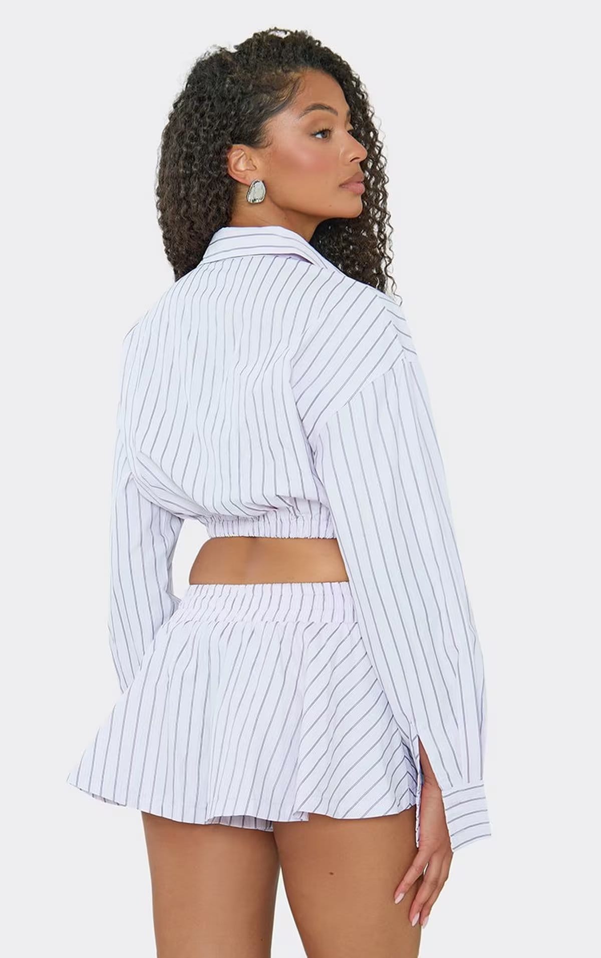 EGO Pink Pinstripe Long Sleeve Button Up Cropped Skirt