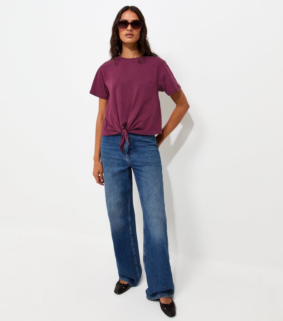 New Look Women's Dark Burgundy Cotton Tie Front T-Shirt New Look