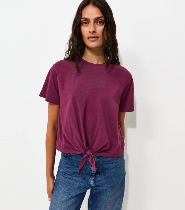 New Look Women's Dark Burgundy Cotton Tie Front T-Shirt New Look - 2