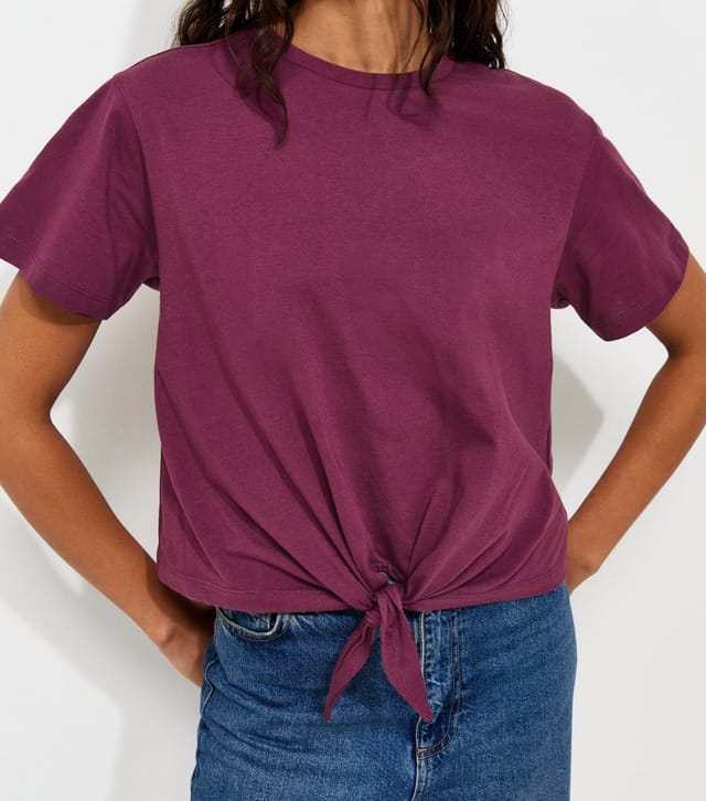New Look Women's Dark Burgundy Cotton Tie Front T-Shirt New Look - 3