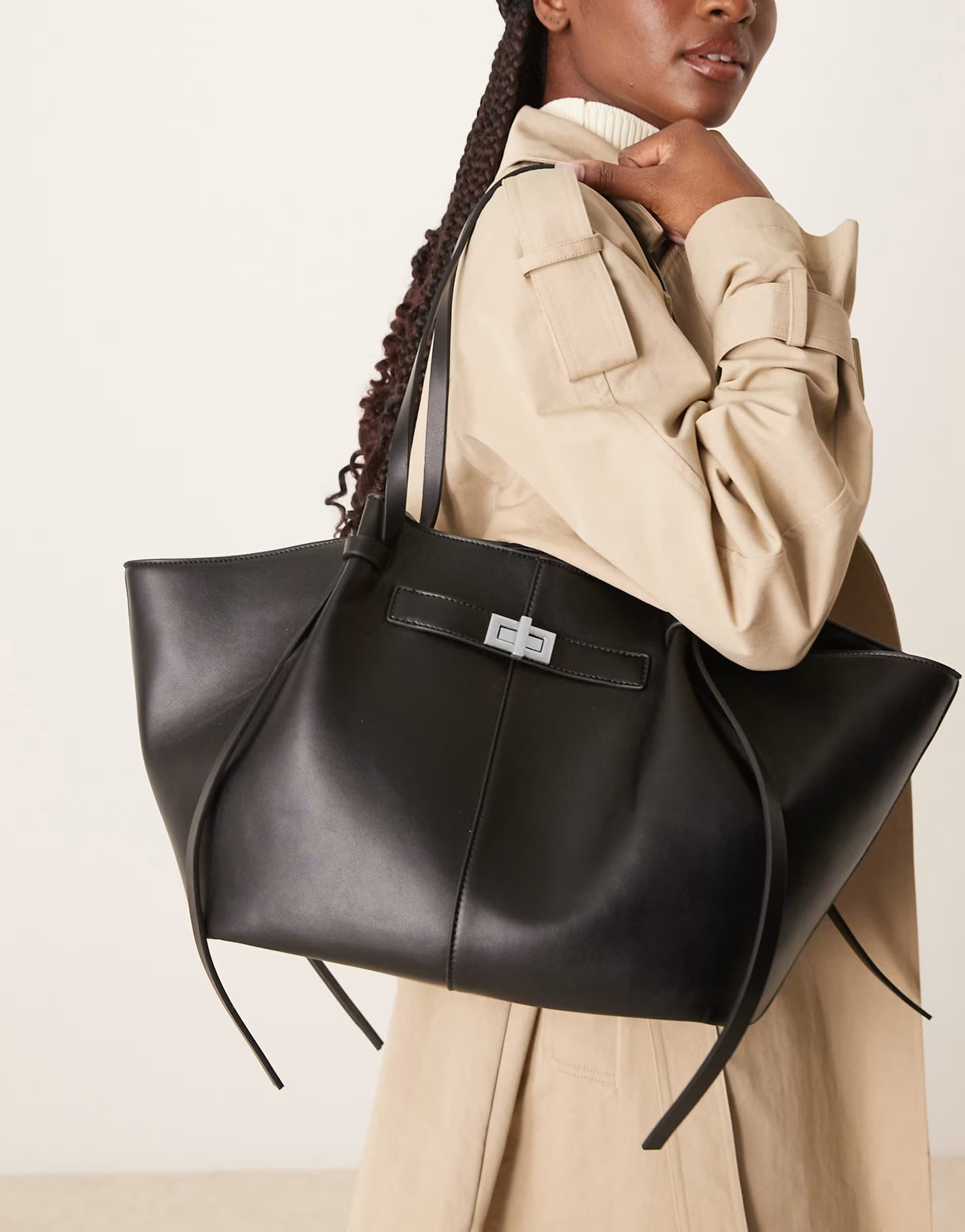 ASOS Gina Tricot faux leather medium tote bag with strap and clutch with silver detail in black