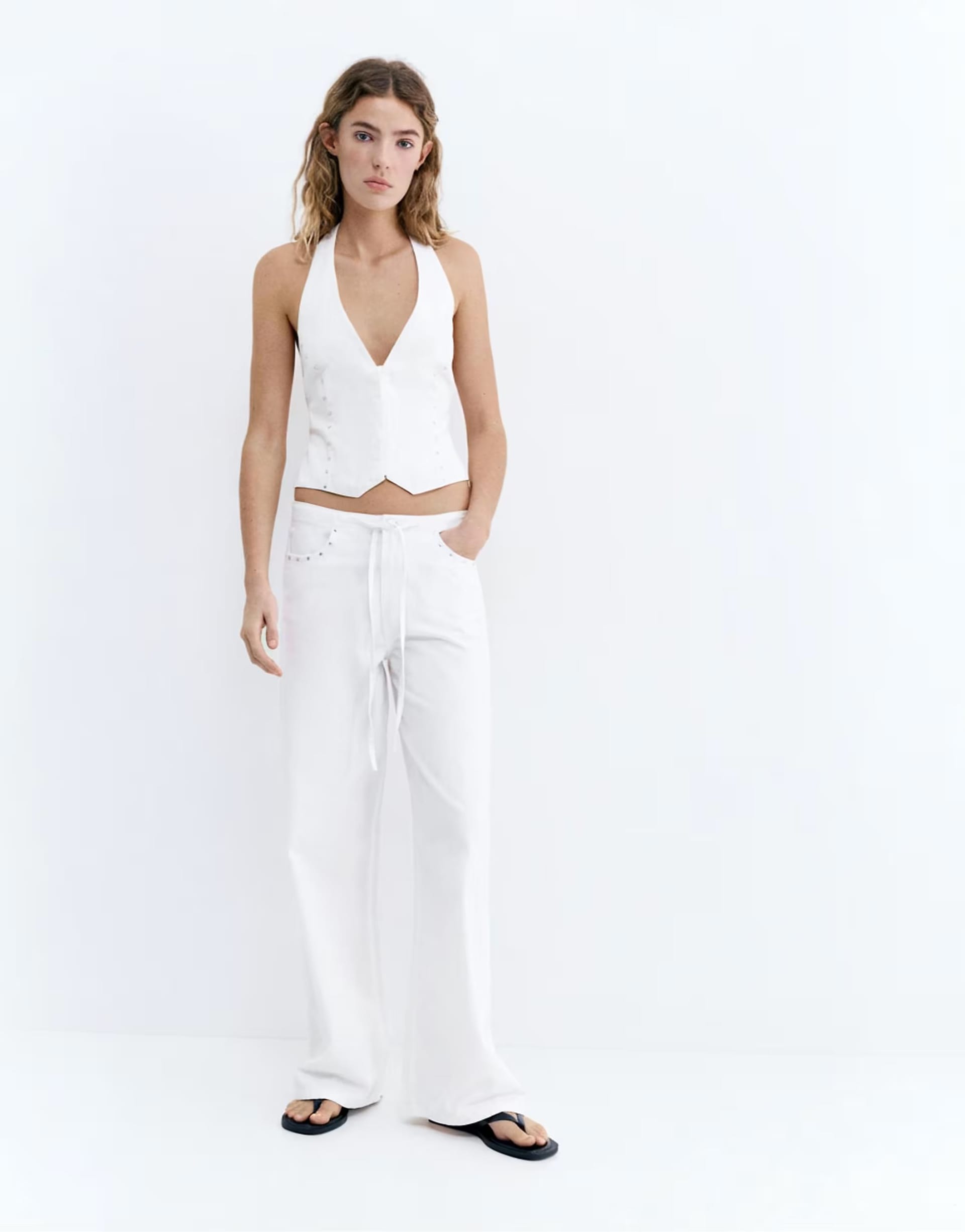 ASOS Pull&Bear White Denim Crop Top and Trousers Set