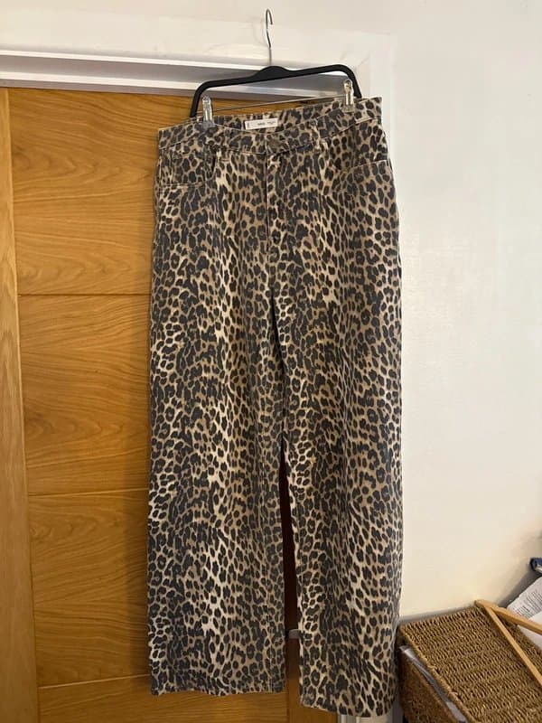 Mango Mango Beige & Brown Animal Leopard Print Denim 100% Cotton Wide Leg Jeans