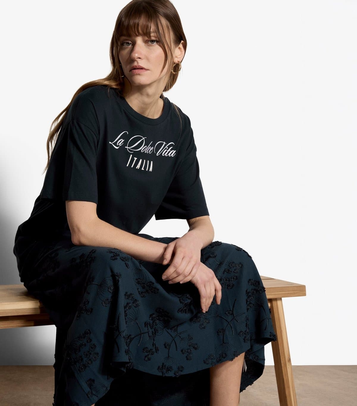 Apricot Apricot Navy Cotton Embroidered La Dolce Vita T-Shirt