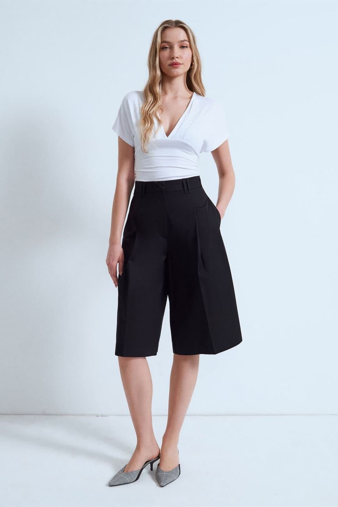 Dilvin Dilvin Women's High-Waist Cotton Poplin Capri Shorts in Black