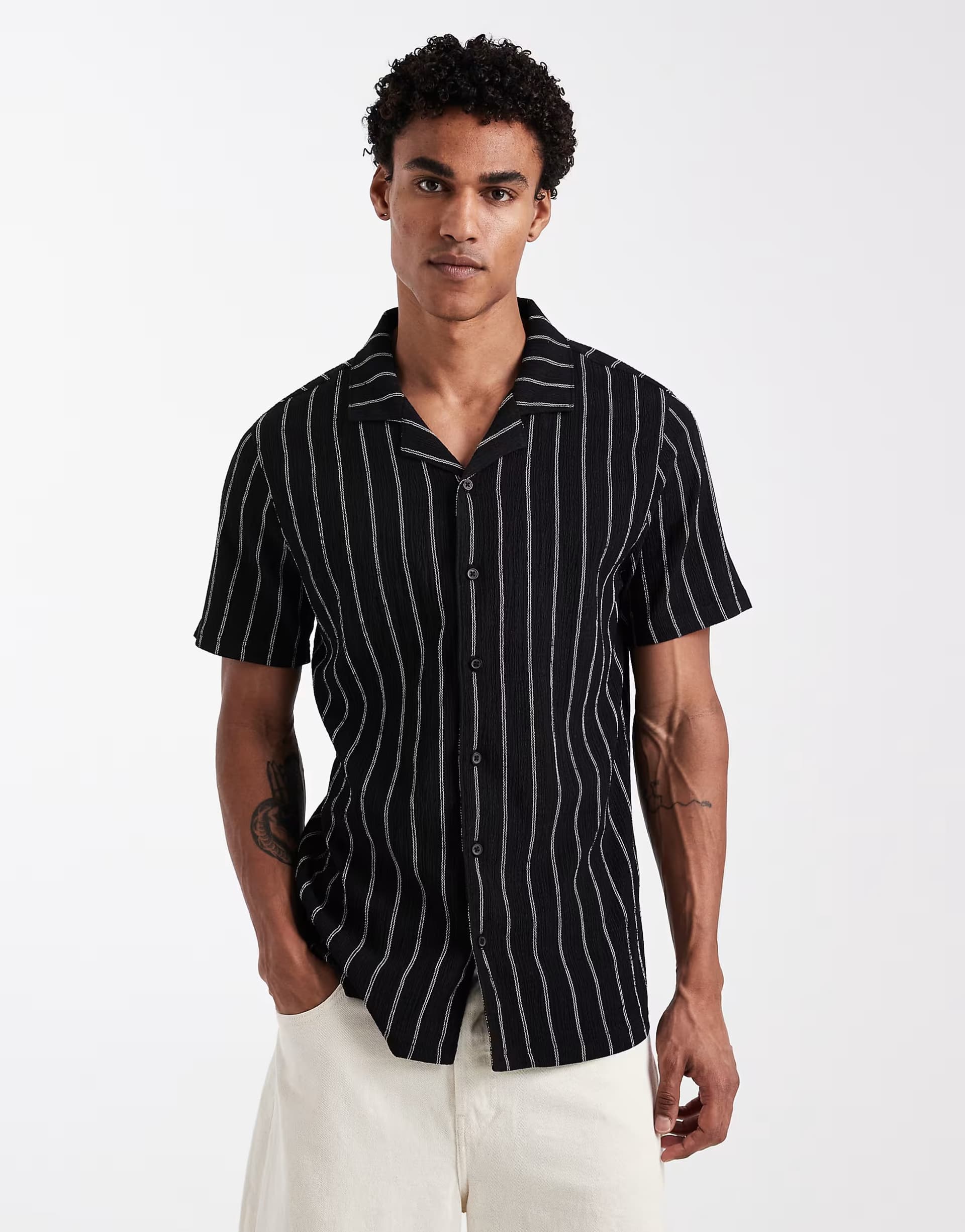 ASOS New Look boxy stripe knitted shirt in black
