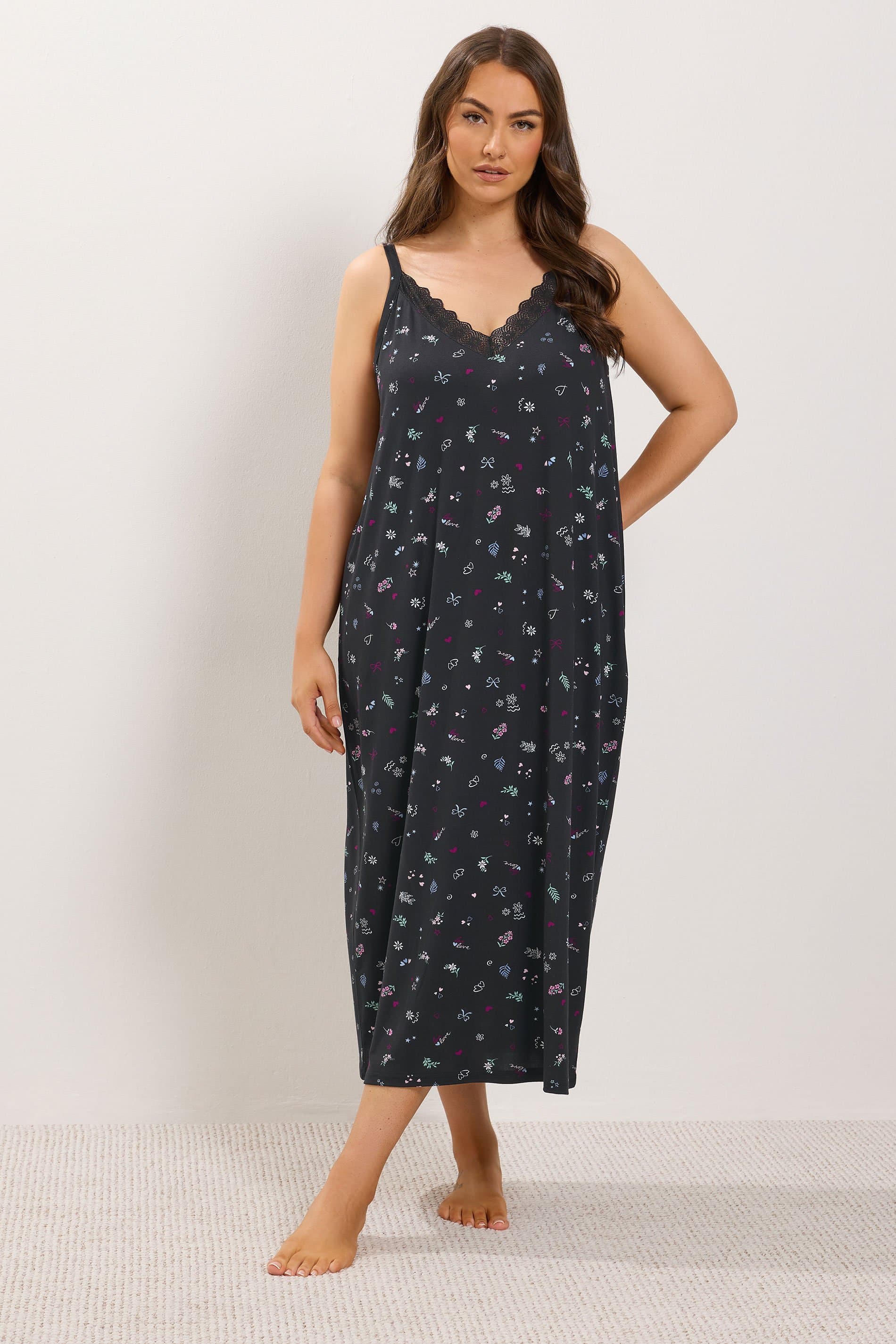 Yours Plus Size Black Ditsy Floral Soft Touch Chemise