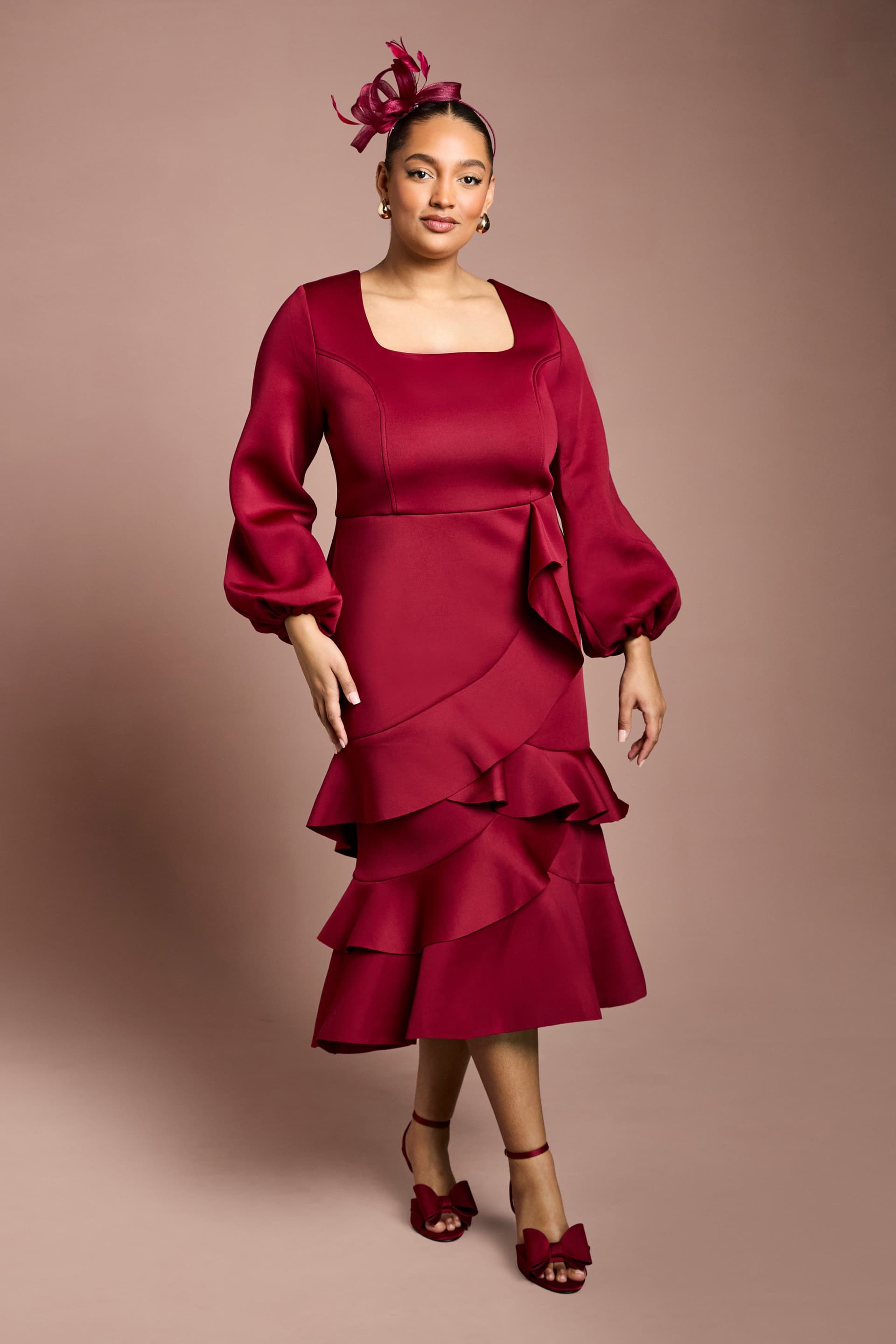 Coast Coast Women's Plus Scuba Midi Dress With Square Neck in Berry