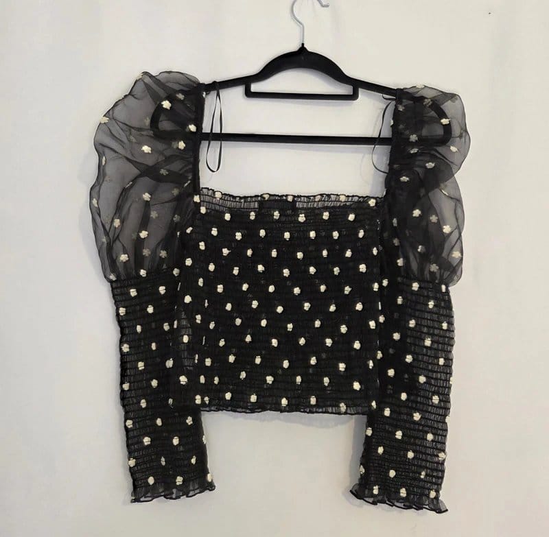 Bershka Black Puff Sleeve Crop Top with White Polka Dot