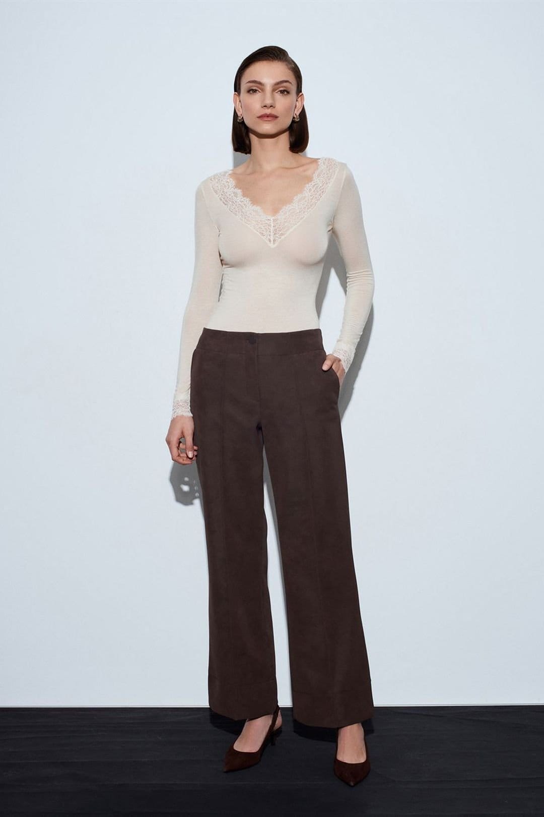 Dilvin Dark Brown Faux Leather Wide-Leg Trousers