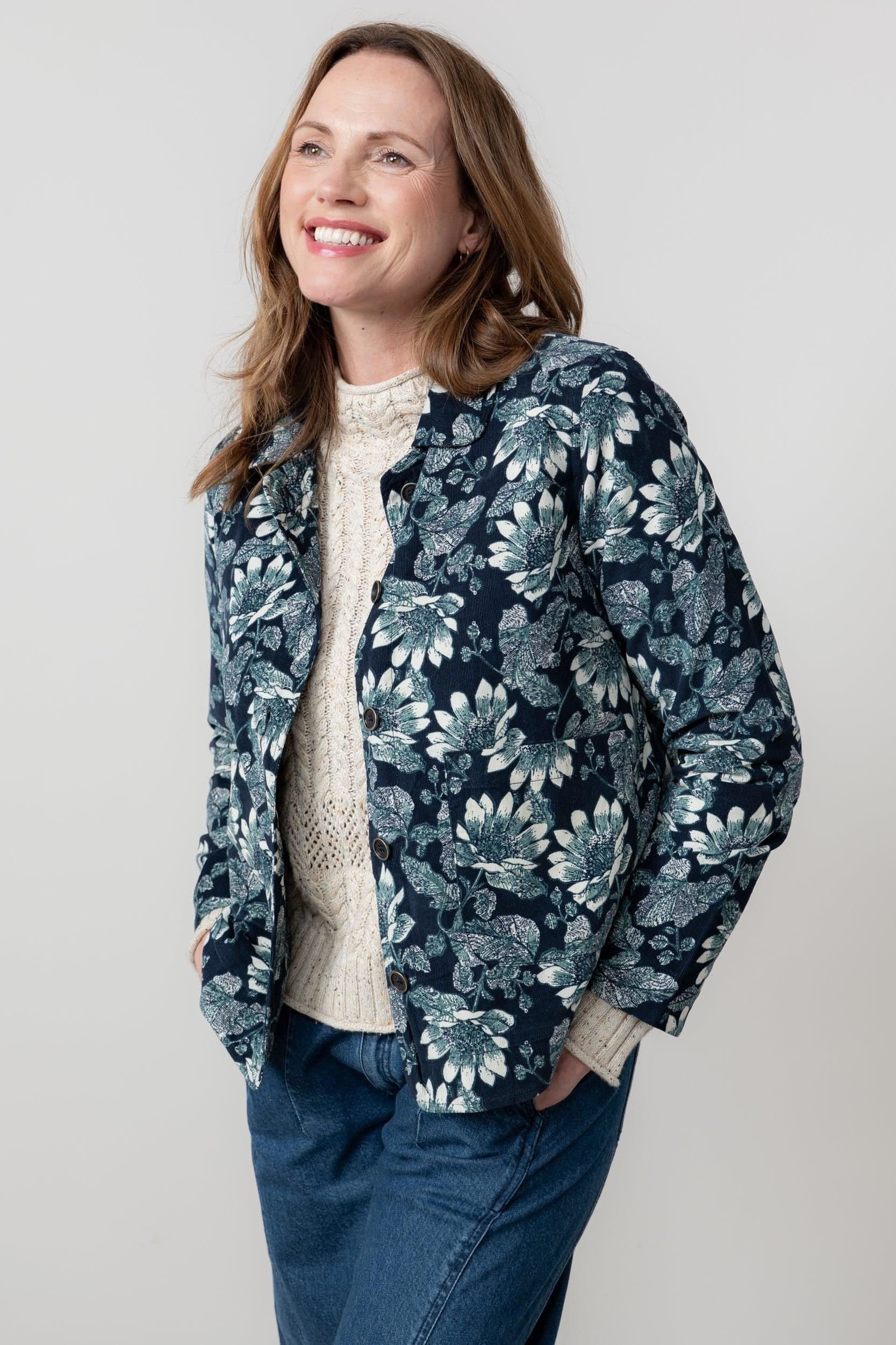 Lily & Me Lily & Me Women's Ash Cotton Floral Print Cord Jacket with Patch pockets in Navy