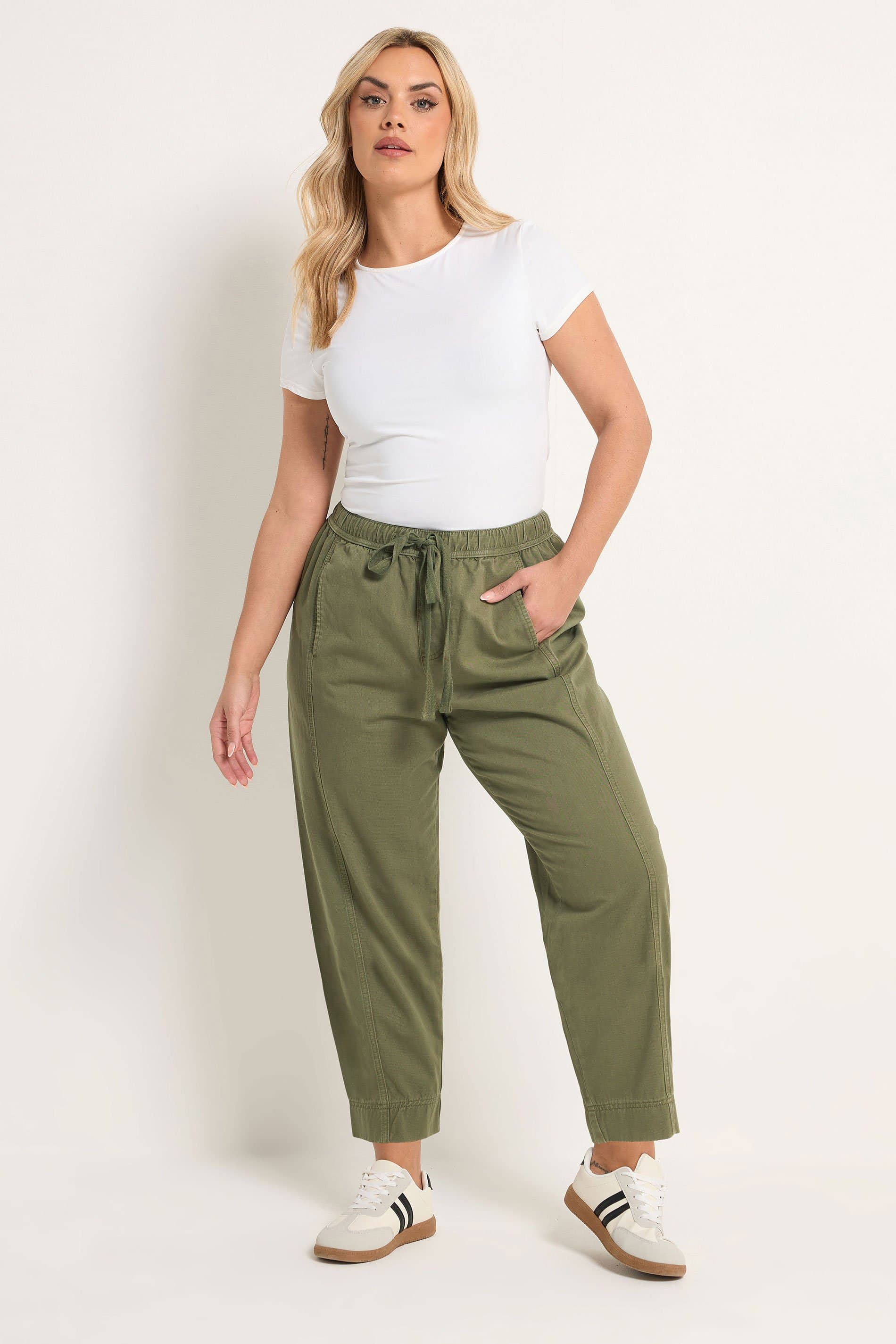 Yours Plus Size Khaki Green Twill Barrel Leg Trousers