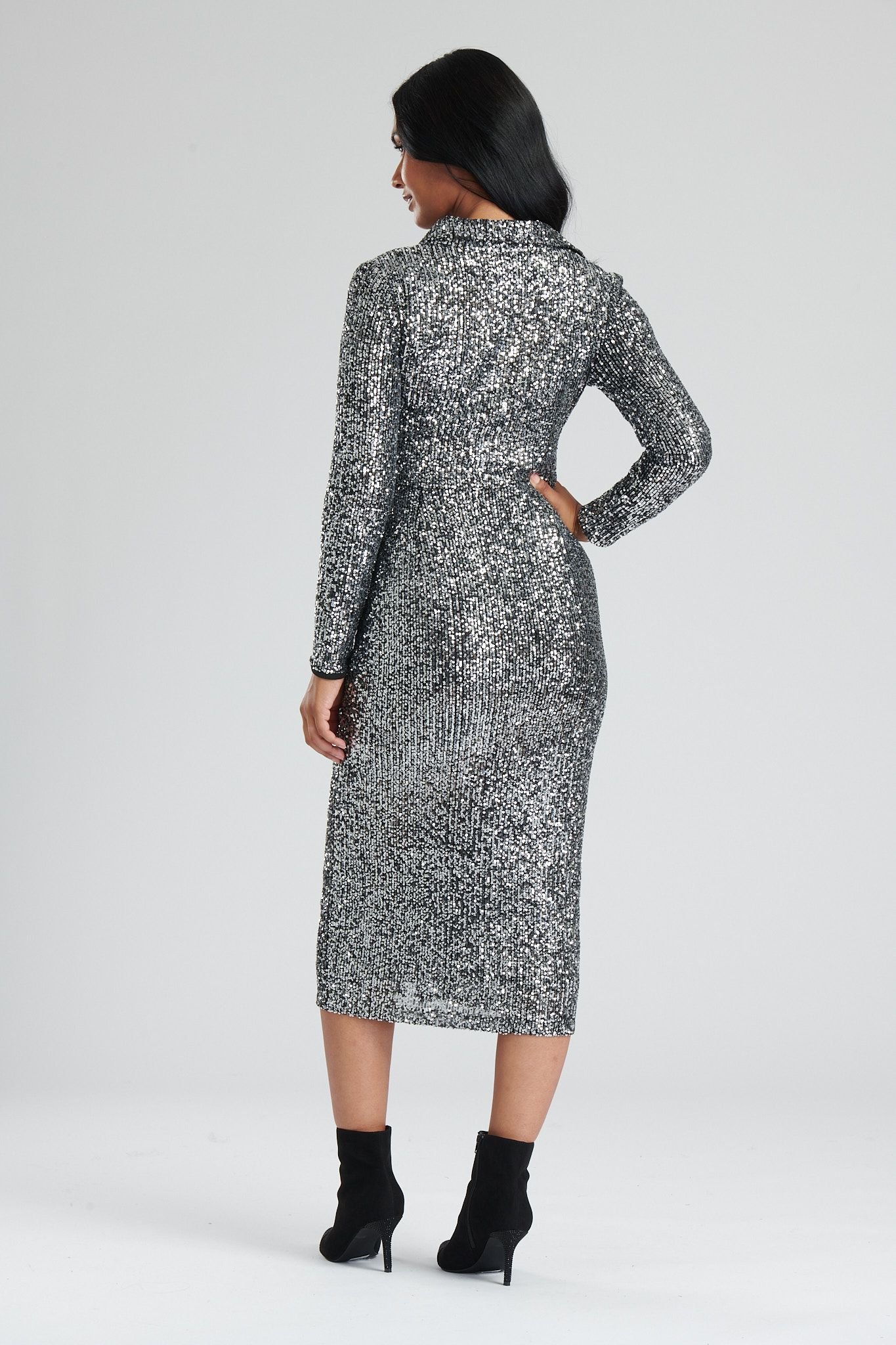 Finding Friday Finding Friday Women's Sequin Midi Shirt Dress in Silver - 3