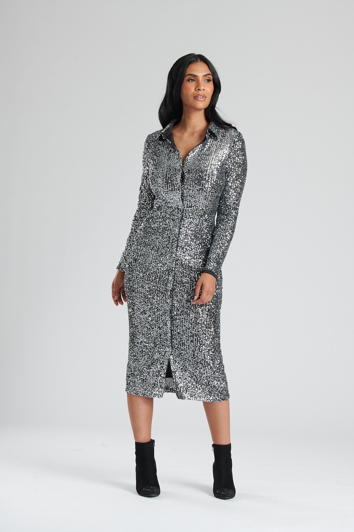 Finding Friday Finding Friday Women's Sequin Midi Shirt Dress in Silver - 4