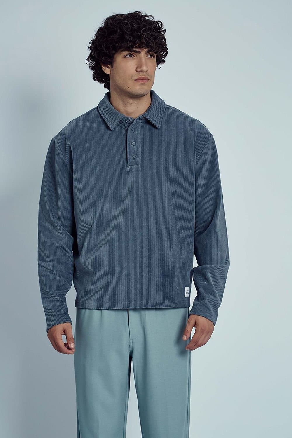 Native Youth Native Youth Men's Cotton Blend Corduroy Button Long Sleeve Polo Shirt in Blue