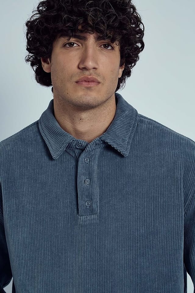 Native Youth Native Youth Men's Cotton Blend Corduroy Button Long Sleeve Polo Shirt in Blue - 3