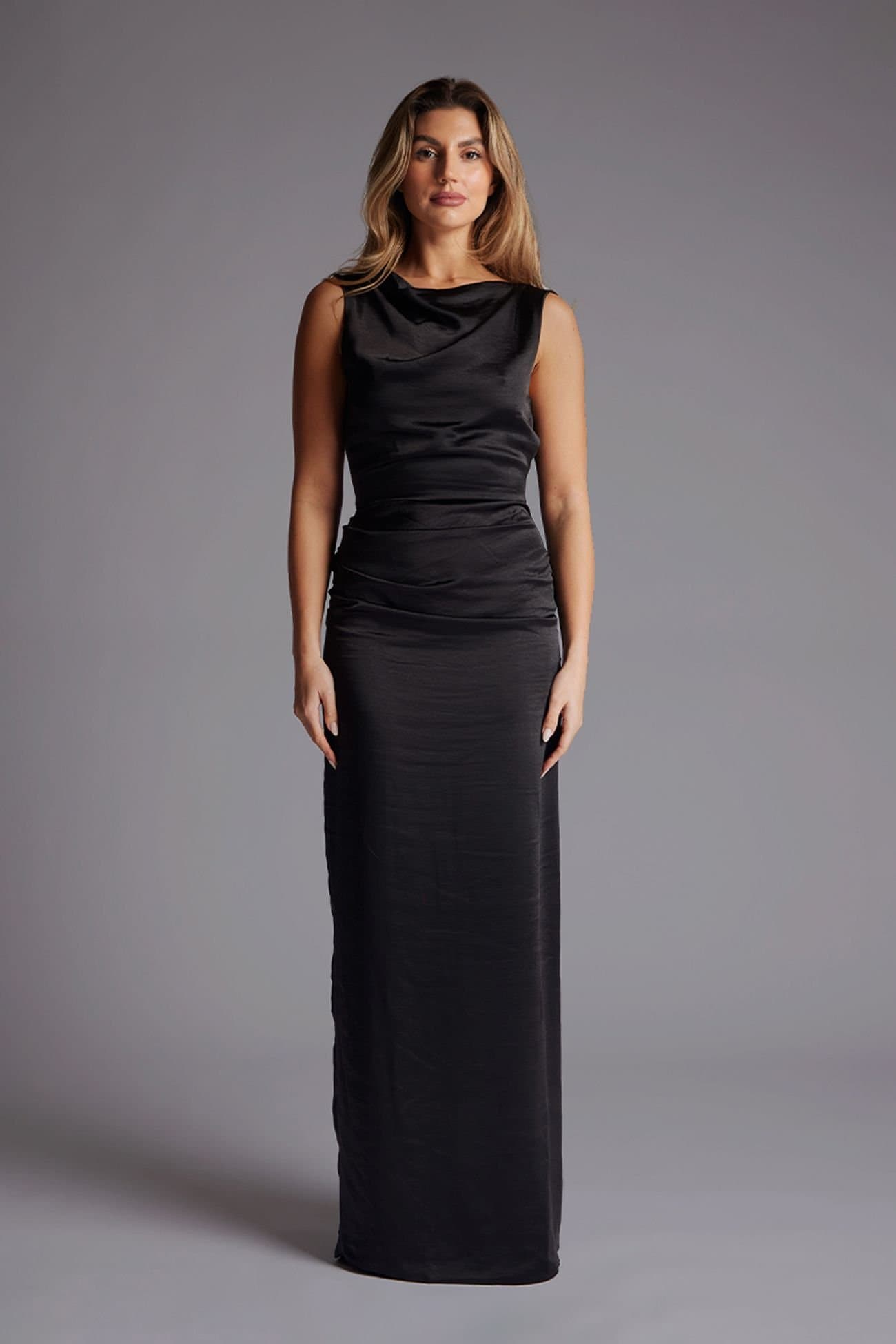Vesper Vesper Women's Open Back Satin Maxi Dress in Black