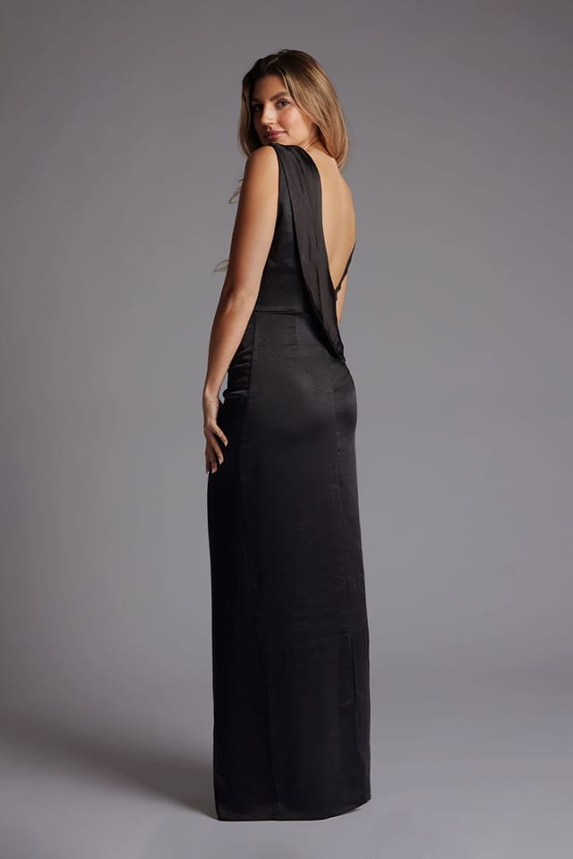 Vesper Vesper Women's Open Back Satin Maxi Dress in Black - 3