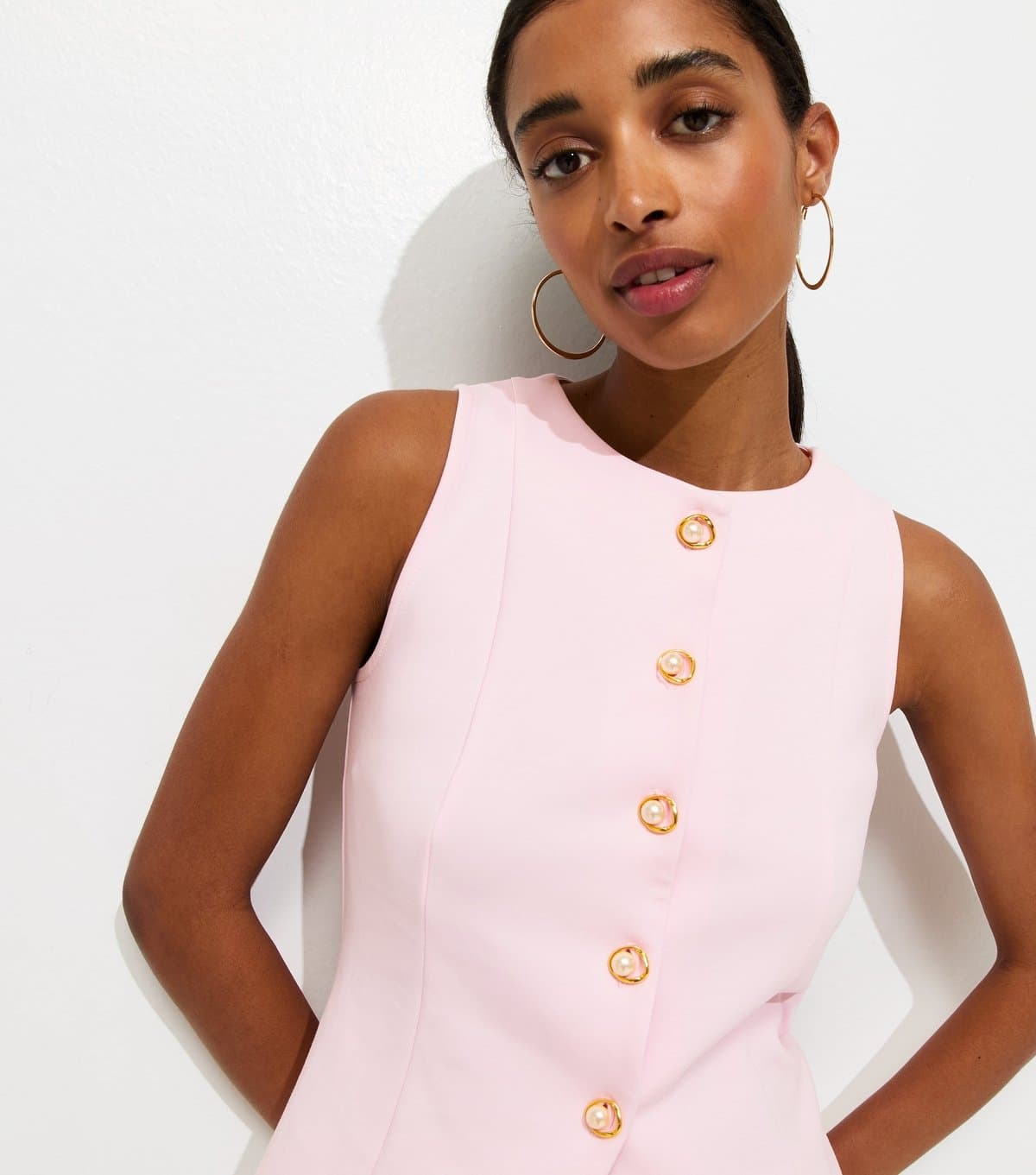 New Look Women's Light Pink Jersey Crew Neck Faux Pearl Button Waistcoat New Look