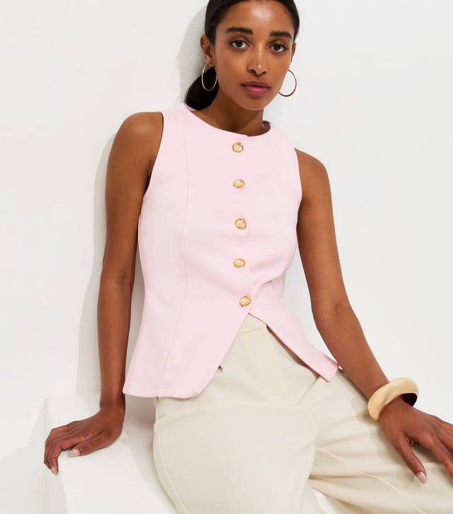 New Look Women's Light Pink Jersey Crew Neck Faux Pearl Button Waistcoat New Look - 2